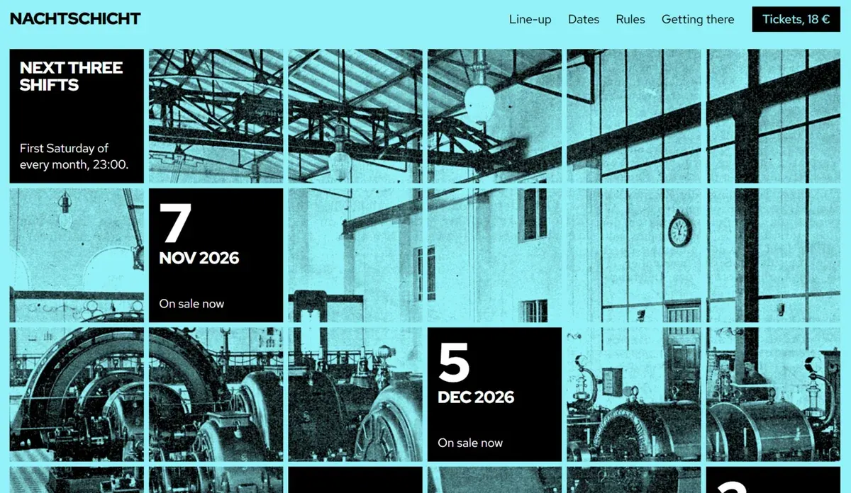 Techno event landing page with grid layout and archival photography