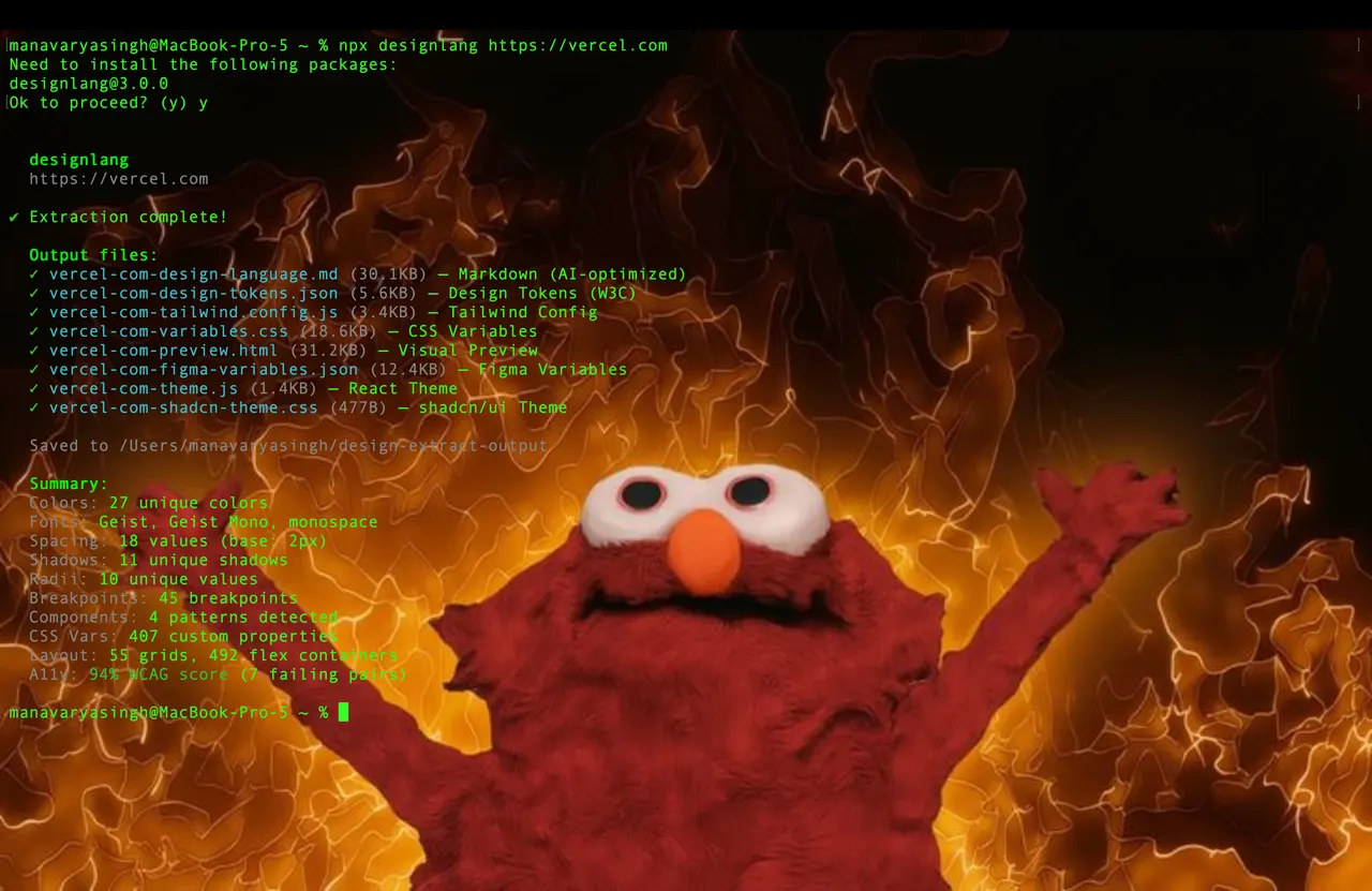 Terminal showing designlang extracting tokens and configs from a URL