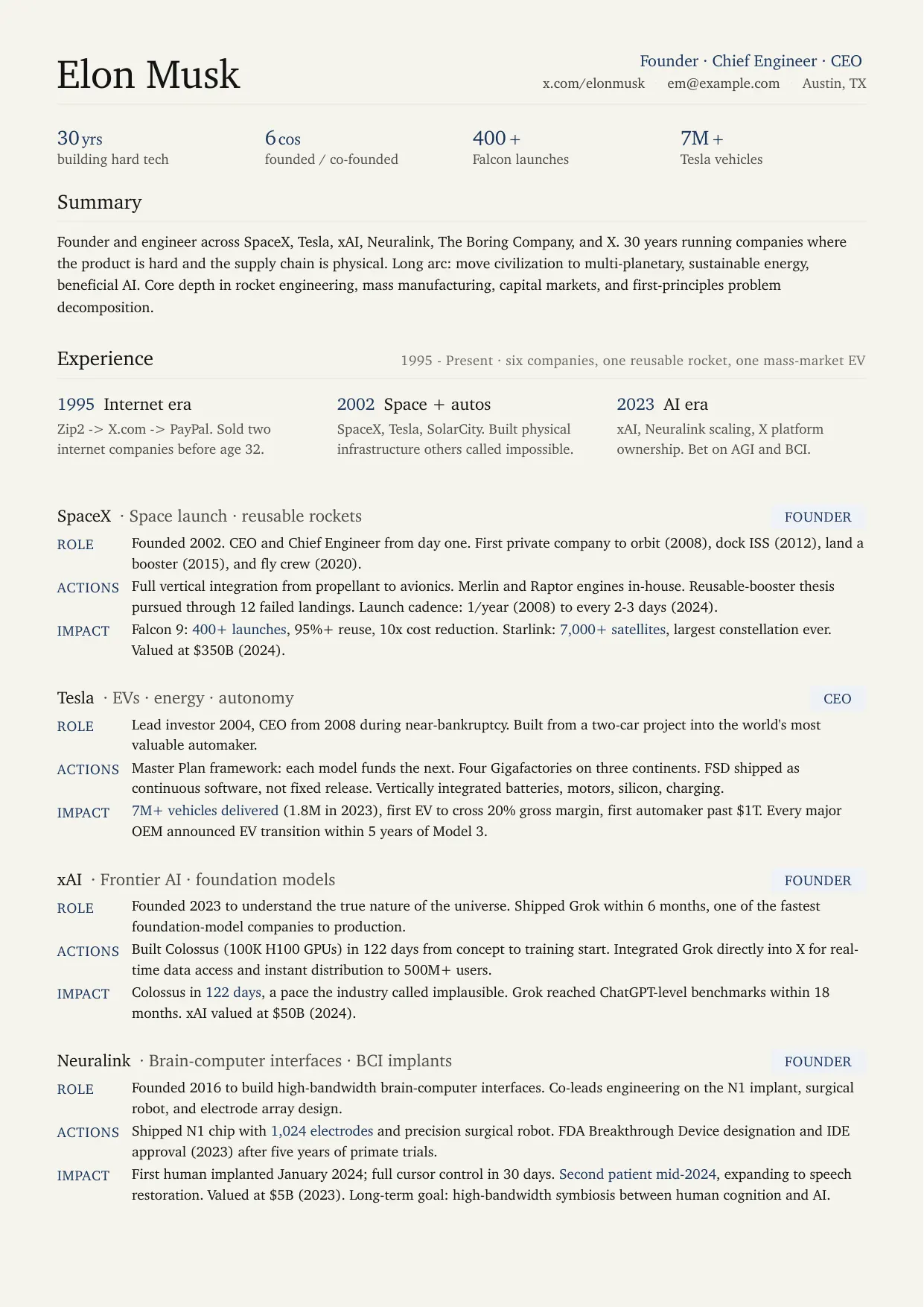 Sample resume layout for Elon Musk generated with Kami