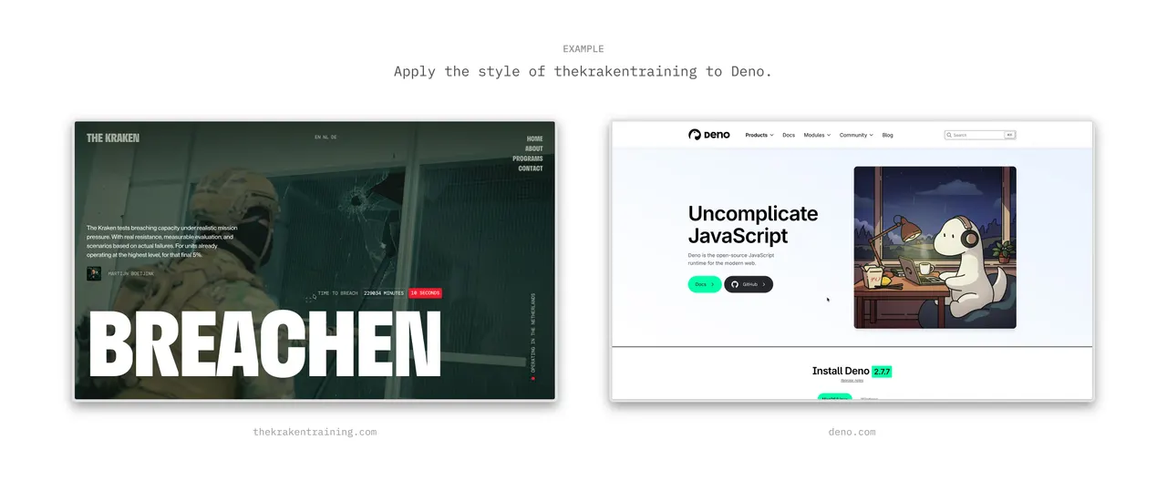 Style transfer example: applying one site's aesthetic to another.